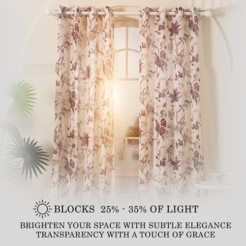 Image of Story@Home Door Curtains 7 Feet Long Set of 1 | Floral Printed | Semi Transparent Curtain | Net Curtains | Sheer Curtain for Living Room | (118 x 215 cm, Cream & Purple) | Perfect for Home Decor