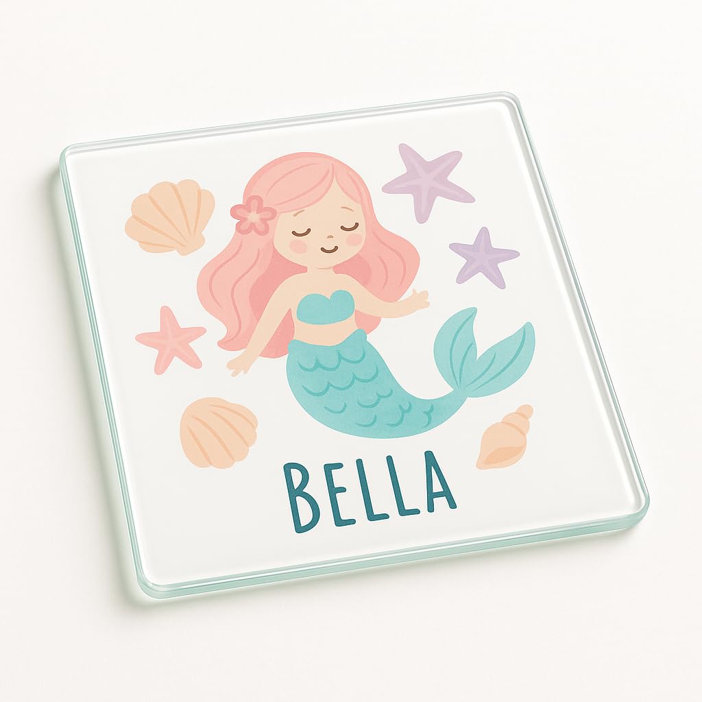Personalised Name Acrylic Coaster Gift with Mermaid & Seashell Design - Enchanting Ocean Party Decor for Kids Birthday Magic