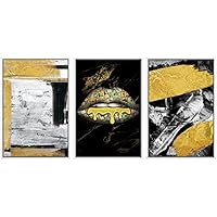 SIGNWIN Framed Canvas Print Wall Art Golden Landscapes with Colorful Paint Lips Abstract Fashion Mixed Modern Art Chic Closeup Ultra for Living Room, Bedroom, Office - 16