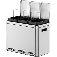3 x 4-Gallon Garbage Can for Kitchen, 3 Compartments for Recycling and Trash, Plastic Inner Buckets and Hinged Lids, Wide Stainless Steel Shape 15 + 15 + 15 for 45L Total, Silver