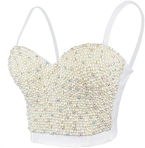 ELLACCI Sexy Pearls Beaded Rhinestone Bustier Crop Top Push up Corset Top with Detachable Straps White Medium