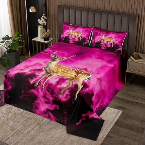 Homewish Deer Animal Coverlet Set Queen Size,Rustic Farmhouse Wildlife Durable Bedspread for Girls Teens,Pink Fire Flame Smoke Black Soft Polyester Quilt Set, with 2 Pillowcases