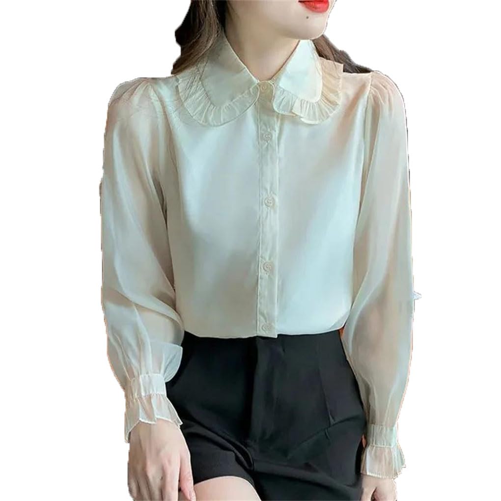 Camicetta da donna a maniche lunghe in chiffon con risvolto bottoni tinta unita casual lavoro slim increspature camicie
