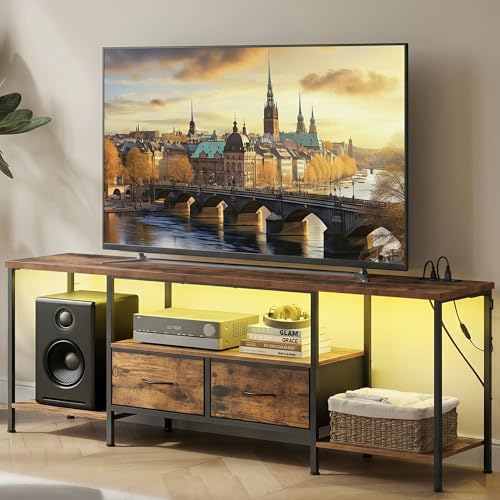 Image of SONGMICS BELLAH Collection - TV Stand with Power Outlets and Lights, Entertainment Center Media Console for TVs Up to 70 Inches, Living Room, Shelves, Drawers, Industrial, Rustic Brown ULGS420K101S