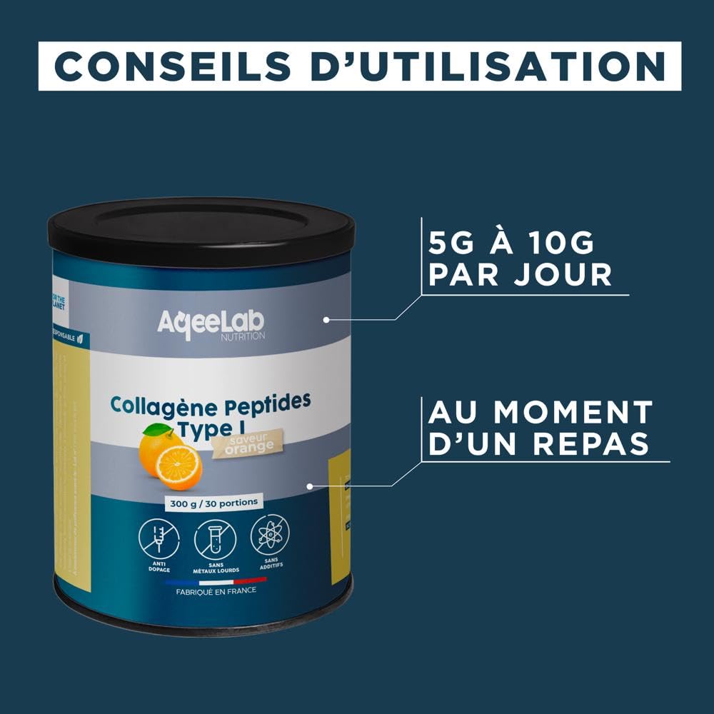 Peptides de Collagène Peptan® - 300 g, Orange - Qualité prouvée, produit breveté - Articulations & Tendons - Testé en labo indépendant - Made in France - Marque écoresponsable - AqeeLab Nutrition