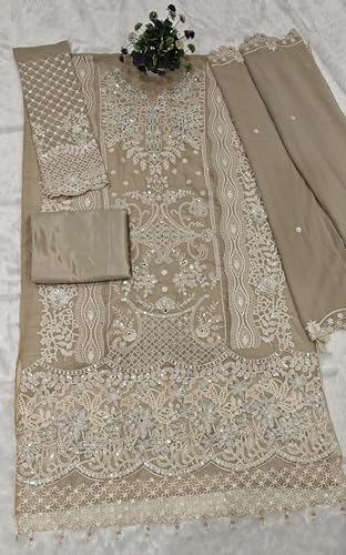 Image of RUDRAPRAYAG Faux Georgette Fabric With Heavy Embroidered Sequence With Khatli Work Semi Stitched V-Neck Salwar Suit Sharara With Dupatta For Women