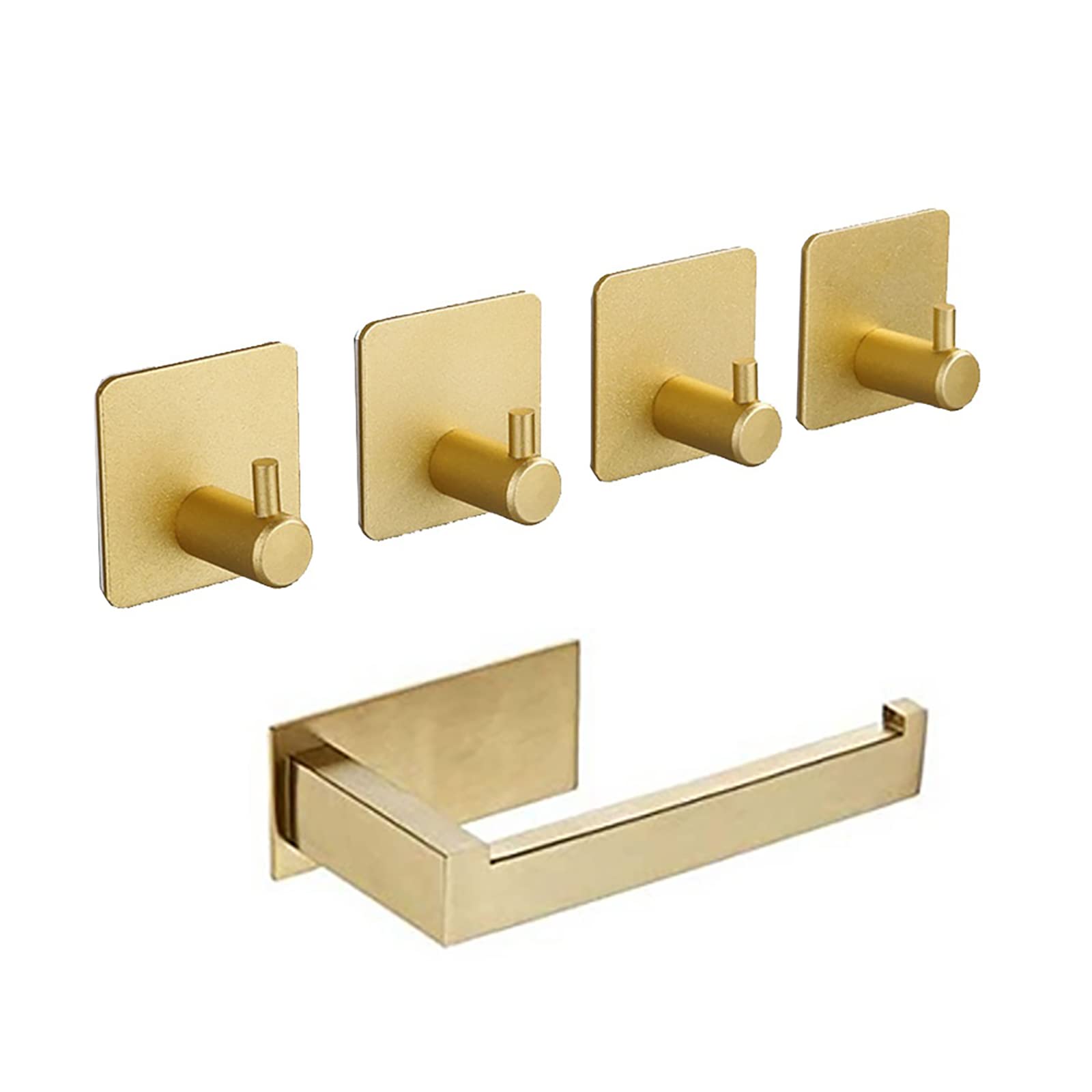 LACKINGONE Self Adhesive Hooks and Tissue Holder Set, Gold Stainless Steel 4 Pcs Hooks and 1 Pc Tissue Holder for Kitchen Bathroom Bedroom Toilet