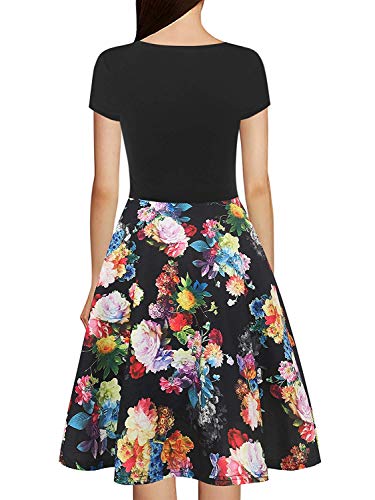 oxiuly Women's V-Neck Cap Sleeve Floral Casual Work Stretch Swing Dress OX233 (XL, Black Rose)