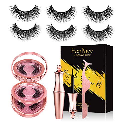 Magnetic Eyelashes and Magnetic Eyeliner Kit with Tweezers, 3 Pairs Reusable False Eyelashes with Eyeliner - No Glue Needed