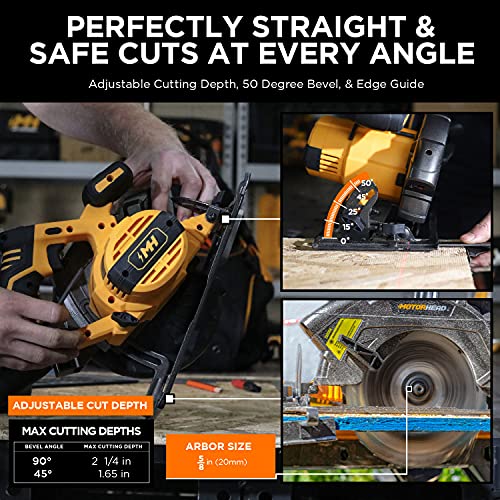 Motorhead 20V Ultra 6-1/2” Cordless Circular Saw, Lithium-Ion, Laser, Led, Edge Guide, 0-50° Bevel, Cutting Depth: 2-1/4”(0°),1.65”(45°), 2Ah Battery, 2 Blades: 24T, 40T, Usa-Based (Mh-03-Cs-B1-0-2) #TOP3