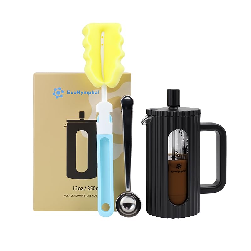 EcoNymphal French Press - Cafetera de 350 ml (3 tazas), cristal resistente al calor, filtro de acero inoxidable, apto para lavavajillas y sin BPA, incluye cuchara y cepillo