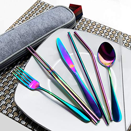 Rainbow Travel flatware set with Case Stainless Steel silverware Tableware Set,Include Knife/Fork/Spoon/Straw (Portable RB 2set)