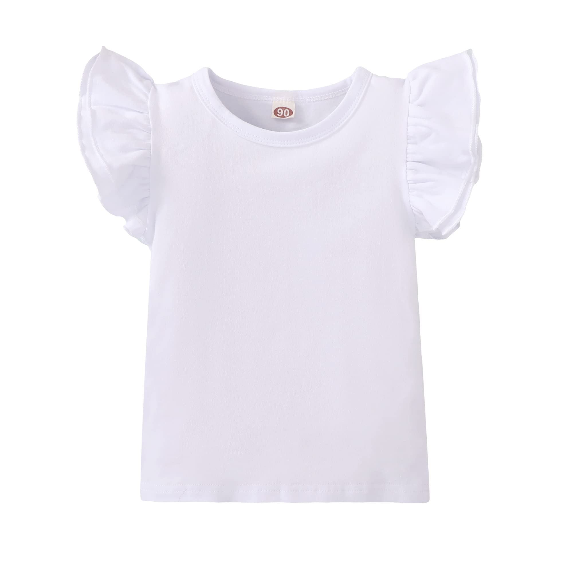 Sanpersonlin Toddler Baby Girl Solid Color T Shirt Kids Blouse Basic Plain Ruffle Top Cotton Casual Clothes (0021B-Short Sleeve White, 3-4 Years)