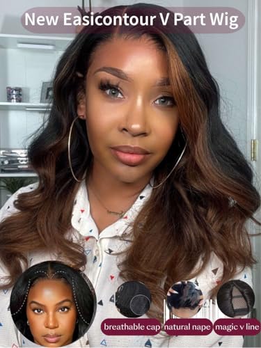 Image of Beauty Forever V Part Wigs Human Hair Loose Wave Black to Chestnut Brown Face Framing Small Leave Out Vpart Drawstring Wig No Glue No Sew In Upgrade U Part Wigs Beginner Friendly 150% Density 20inch
