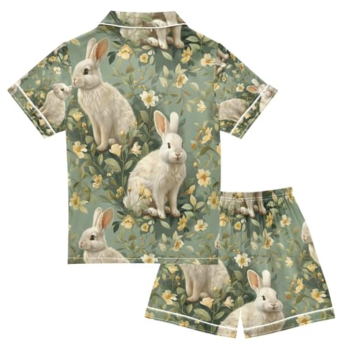 senya Flower White Rabbit Z Satin Summer Pajama Sets Silk Short Sleeve Button Down Sleepwear2