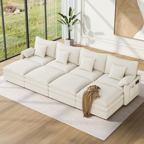 Image of Vesgantti 142 inch Oversized Sectional Sofa Bed, 8-Seater Modular Sleeper Cloud Couch with Movable Ottoman, Chenille Convertible Sofa Set Deep Seat Couches for Living Room, Bedroom and Apartment, White