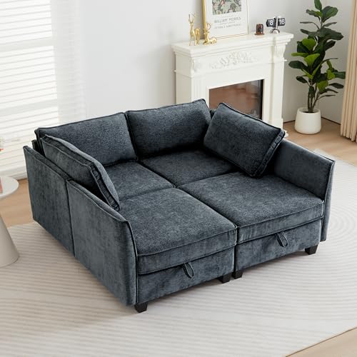 Image of ORRD Sleeper Modular Sectional Sofa Set, Convertible Couch Bed with Storage, 4 Seater and 4 Armrestes Sofa Modular for Living Room, Office (Blue Grey)
