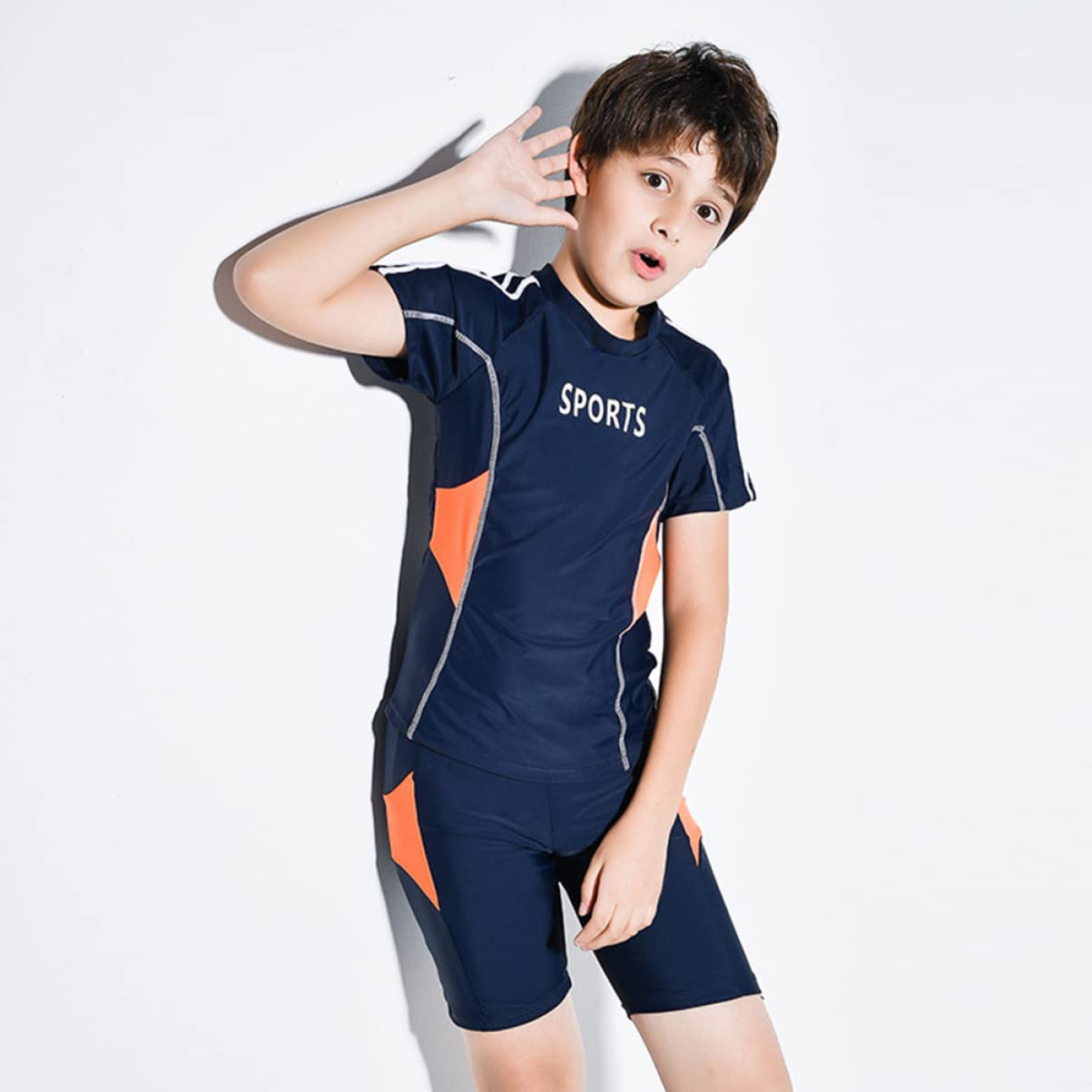 iplusmile Set di Costume da Bagno Due Pezzi per Ragazzo Protezione Solare Estiva in Blu, Design Chic in Nylon e Poliestere per Vacanze Estive e Piscina