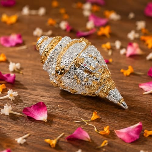 Image of CraftVatika 999 Pure Silver Plated & 24K Gold Plated Ganesh Shankh with Velvet Gift Box, 4.7 Inch Ganesha Shankh for Fengshui Vastu Gifts, Wedding Anniversary House Warming Gifts New Home Decor Items