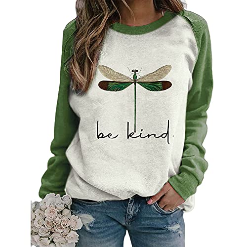 HOLATOK Women s Casual Be Kind Dragonfly Printed Round Neck Long Raglan Sleeve Sweatshirt Loose Pullover Top Blouse (L, Fly1)