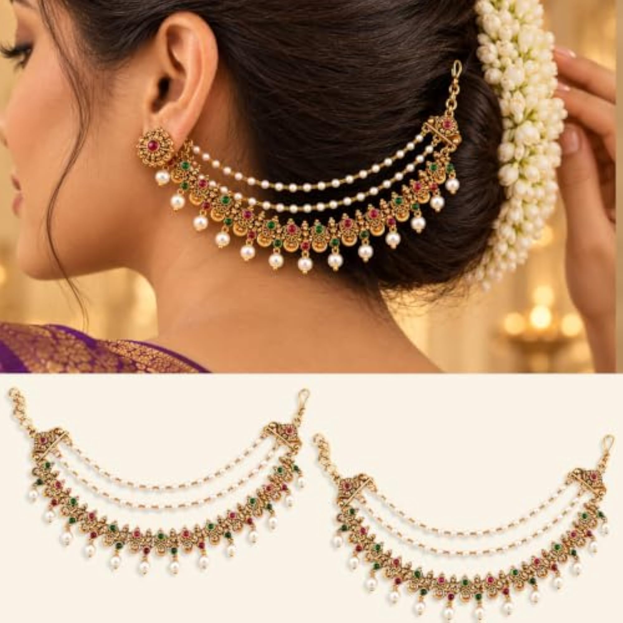 Women's Traditional 18K Gold Plated Three Layered Pearl Long Earrings