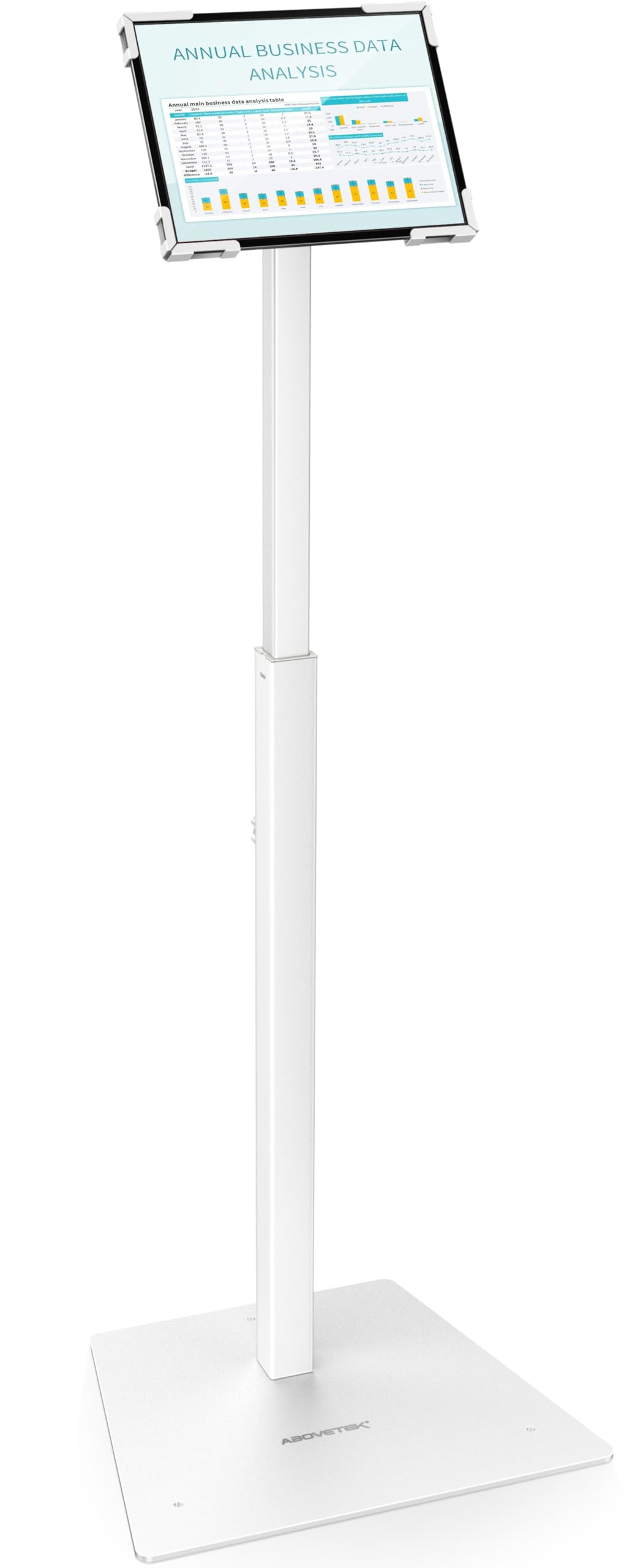 AboveTEK Security iPad Kiosk Floor Stand, Anti-Theft POS Tablet Stand for Retail Business, Height Adjustable Tablet Floor Stand, 360° Swivel Universal Locking Holder (White)
