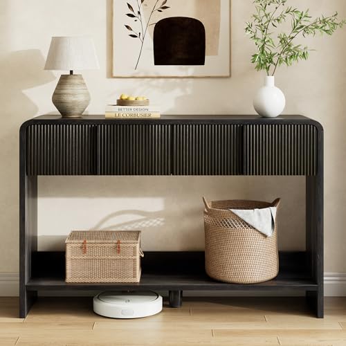 Image of AMERLIFE 45 inch Fluted Console Table with 2 Drawers and Open Shelf, Modern Entryway Table with Rounded Edges, Wood Sofa Table for Hallway, Foyer, Behind Couch, Living Room, Black