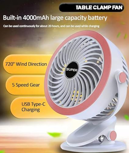 Image of efluky 4000mAh Rechargeable Clip Desk Mini Fan, Portable Table Fan, USB Rechargeable Clooing Fan for Men & Women, USB Battery Powered Quiet Personal Fan,5 Speed for Home Office Travel (Pink)