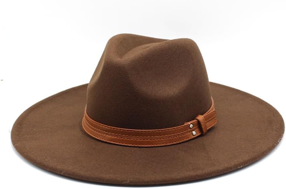 Classic Wide Brim Fedora Hat with Brown Leather Band, Black