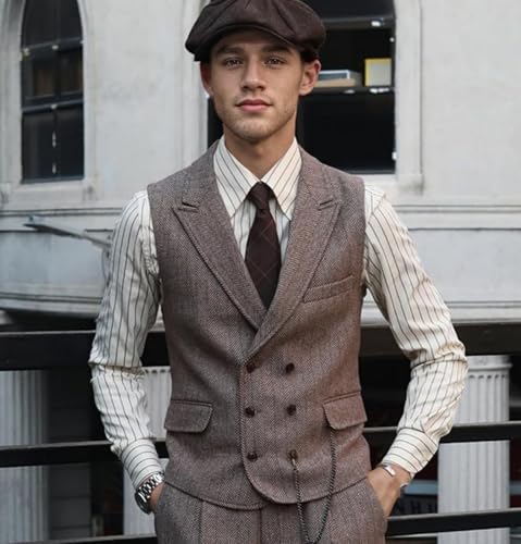 Mens Classic Herringbone Tweed Suit Vest Double Breasted Waistcoat for Groomsmen Formal Wedding Business Vest Slim Fit2