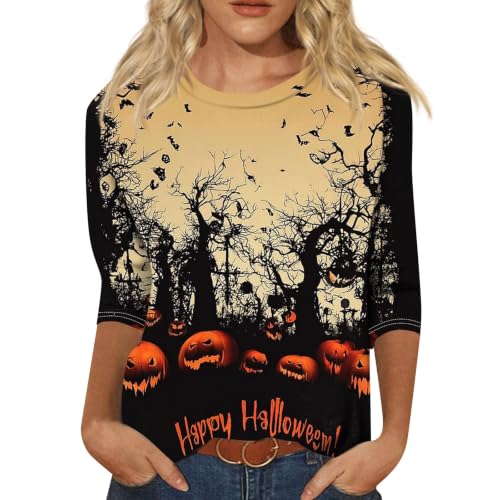 Image of Women Spooky Halloween Graphic Shirt 3 /4 Length Sleeve Crewneck Top | Halloween Funny Printed Pumpkin Plus Size Tshirts 2026 Fall Outfits Skeleton Tee Going Out Tops