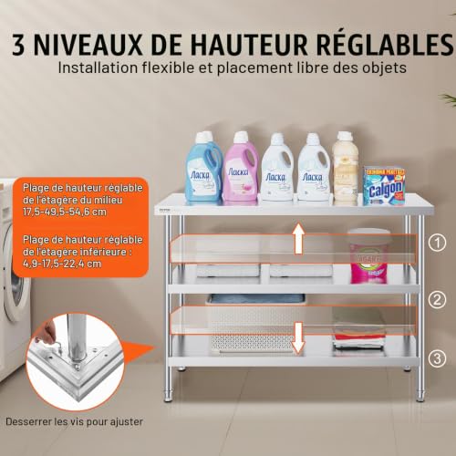 VEVOR Table de Travail en Acier Inoxydable 45,7x121,9x86,4 cm, Table de Préparation des Aliments avec 2 Étagères Inférieures Réglables, Meuble de Rangement pour Cuisine Restaurant Garage Maison – vue 7