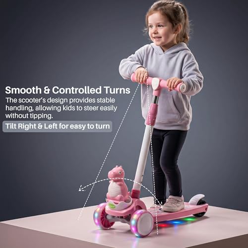 Image of Baybee Dino Blaze Kick Scooter for Kids | 3 Wheel Skate Scooter with RGB LED Wheels & Music | 3 Height Adjustable T-Bar Handle & Rear Brake | Foldable Skate Scooter for Kids 3 to 8 Years (Dark Pink)