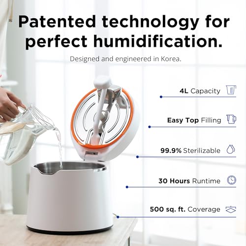 Carepod 31S Stainless Steel Humidifier for Large Room, Quiet & Safe for Baby, Only 3 Washable Parts & Easy to Clean, Ultrasonic Cool Mist Humidifiers for Bedroom, Filter-Free, Lasts 30Hrs (1Gal/4L)