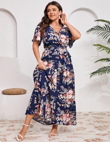 KOJOOIN Women Plus Size V Neck Wrap Maxi Dress Short Sleeves High Waist Ruffle Summer Casual Dress with Belt3