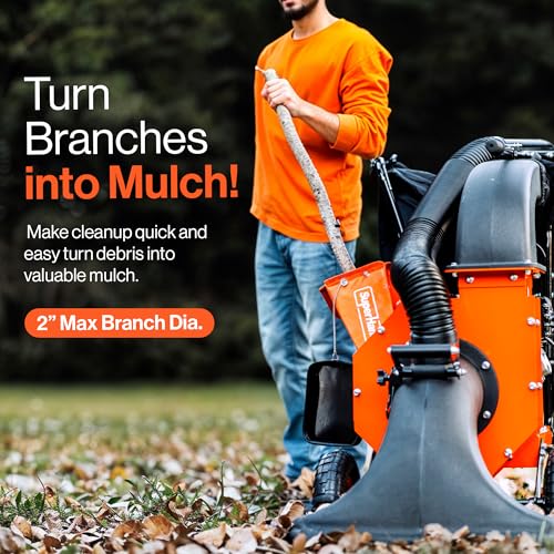 SuperHandy Leaf Vacuum & Wood Chipper - 7 HP 209CC Gas Engine, 10:1 Mulch Ratio, 6 Bushel Bag Capacity, Castor Wheels, Dual Function: Walk-Behind Leaf Vacuum Mulcher & Wood Chipper