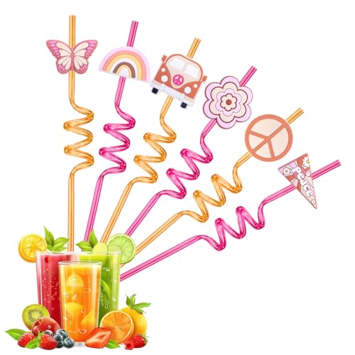 ZEBKEL 6 Pailles Réutilisables Enfant au Style Bohème Chic, Pailles en Plastique Spirale avec Motifs Hippie Rétro, Décoration de Table pour Anniversaire,...