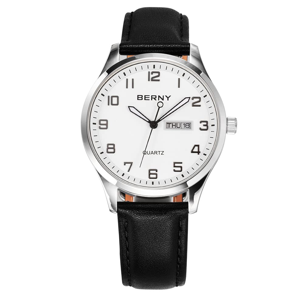 BERNY Mens Easy Reader Watch Standard Analog Display Quartz Leather Strap Wristwatch Classic Elegant Day-Date Watch for Men, White, Quartz Watch (B0897LC4K4) Amazon Price History, Amazon Price Tracker