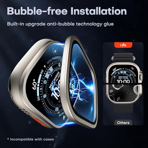 Image of L K L?K 2 Pack for Apple Watch Ultra 2 / Ultra Screen Protector 49mm - 9H Tempered Glass + Titanium Alloy Frame [Stay Original] Waterproof HD Glass Film for iWatch Ultra 49mm, Titanium