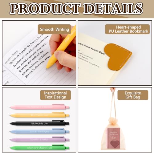 24 Pcs Book Journal Reading Log Set 6 Pcs Reading Journal 6 Inspirational Pens 6 PU Leather Heart Book Marks 6 Pcs 6 x 9 Inch Organza Bags Book Club Gifts Book Lovers Gifts for Women Reading Lovers - Image 3