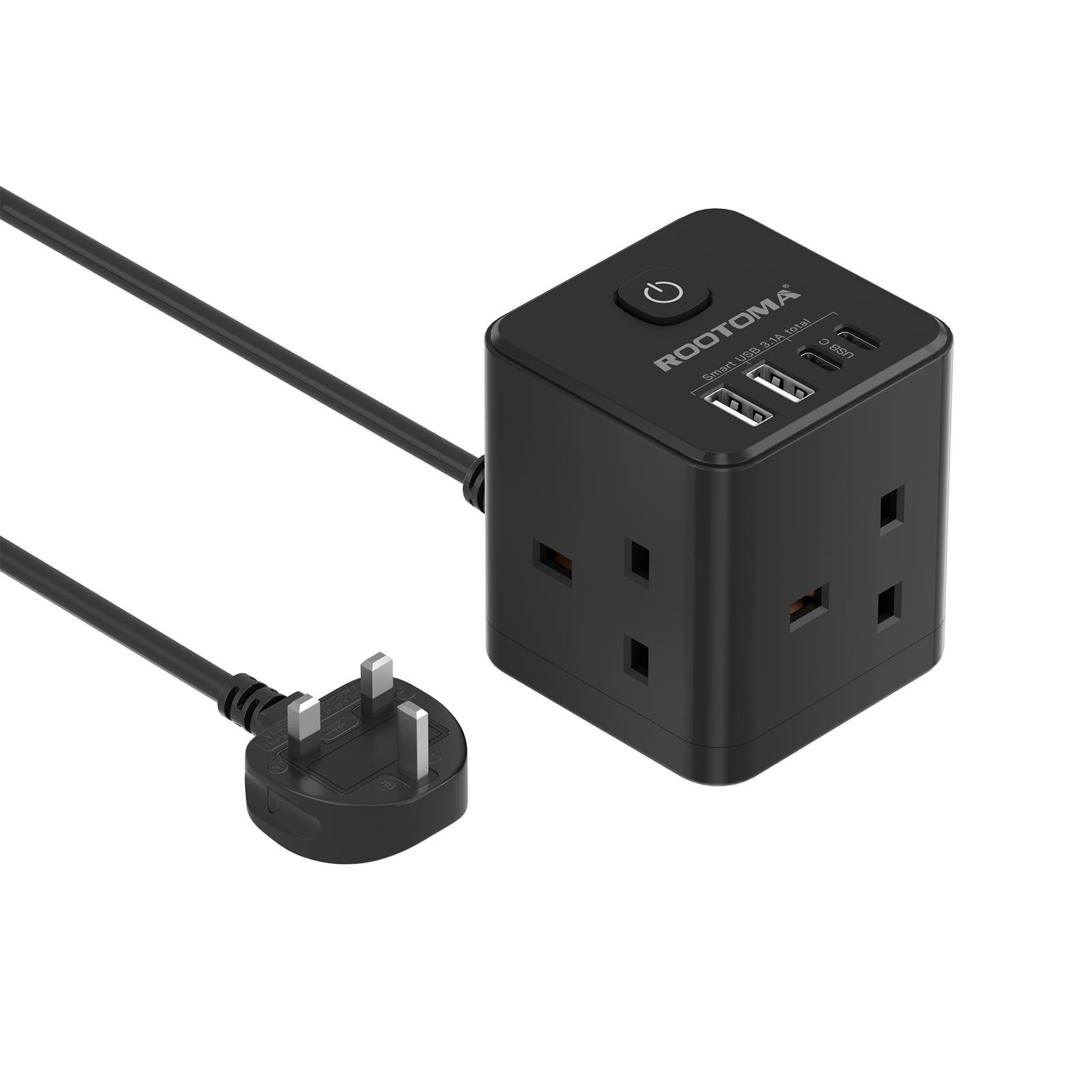 Cube Extension Lead with USB C Slots, 3 Way Power Extension with 4 USB (5V/3.1A 15.5W), Small Black Tower Extension Lead for Home, Office, Dorm Room, 2M, 13A/3250W