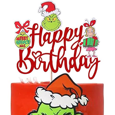 Xsstarmi 1 Pack Grinch Happy Birthday Cake Topper Glitter Merry Grinchmas Birthday Cake Pick for Grinch Theme Baby Shower Kids Birthday Christmas Party Cake Decorations Supplies Cover
