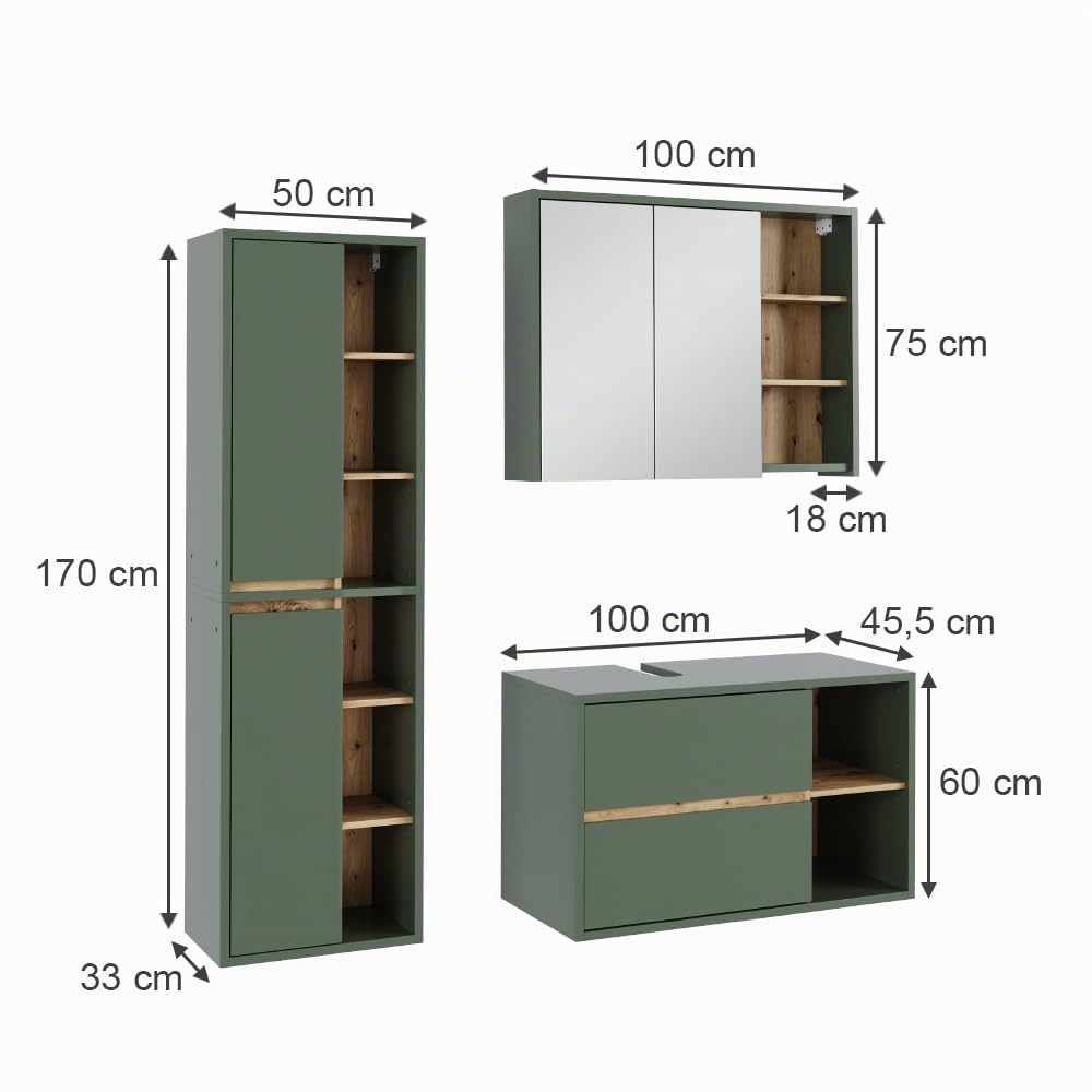 Vicco Conjunto de Muebles de Cuarto de baño Viola, Verde/Artesano, 100 cm | compuesto por mueble bajo lavabo, espejo con armario y columna de baño