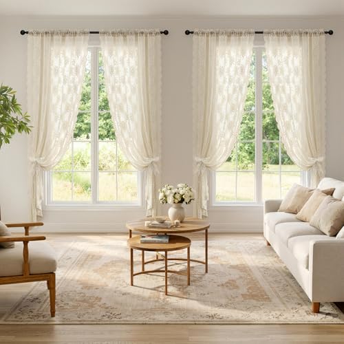 Image of MIULEE Vintage Floral Scalloped Lace Curtains 2 Panels, Cream 52 inch W x 84 inch L | Victorian Decorative Design, Semi Sheer Curtains, Light Filtering Rod Pocket Panels Decor for Bedroom Living Room