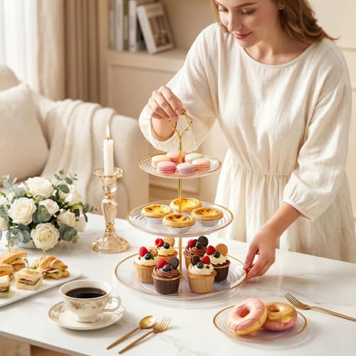 Image of Goaste 3 Pack 3 Tier Cupcake Stand, Clear Plastic Round Tiered Serving Stand with Gold Rim, Reusable Dessert Pastry Tower Tray, Candy Buffet Holder for Wedding Birthday Baby Shower Tea Party Decor