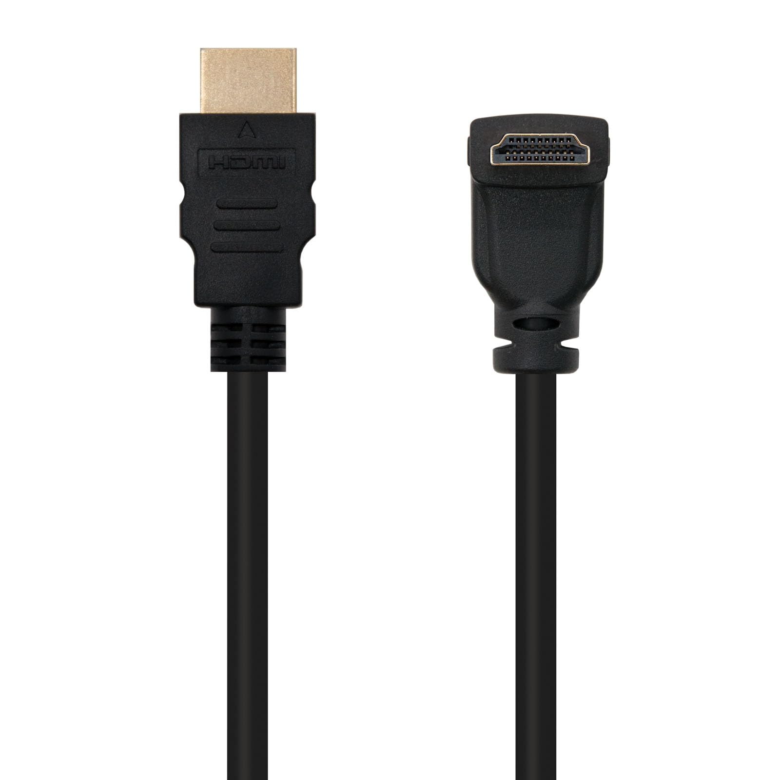 Angled HDMI cable version 1.4 with support for High Speed and Ethernet Channel. Male to male connectors, length of 1.8 m, ideal for configurations in tight spaces.