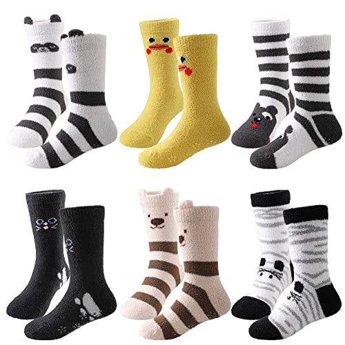 LINEMIN Kids Fuzzy Socks Boys Girls with Grips Non Slip Slipper Socks Cozy Fluffy Winter Warm Crew Socks 6 Pairs (Cute Animal 01,8-12 Years)