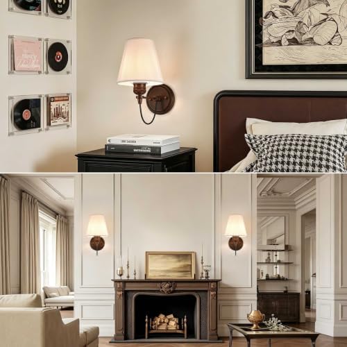 YS.ESUDSI Vintage Brass Wall Sconces with White Fabric Shade E26 Base - 3