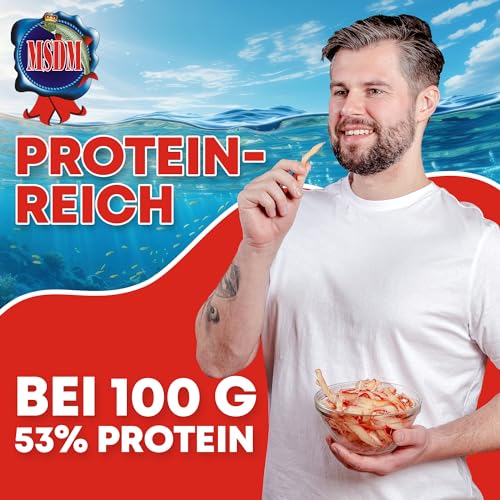 Tintenfisch Krabben Geschmack 1kg - Fisch Jerky I High Protein I Snacks I Trockenfisch Omega 3 I Beef Jerky, Trockenfleisch & Chips Alternative Keto Salat Topping