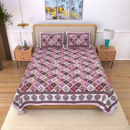 Image of India 100% Pure Cotton Jaipuri Printed Double Bedsheet with 2 Pillow Covers | Traditional Sanganeri Floral Design | Soft Breathable Fabric | King Size Bedsheet for Bedroom (Kaya42)